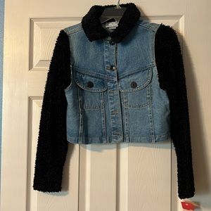 NWT Women’s Love Letter Denim Jacket Black Shearling Like Collar and Sleeves